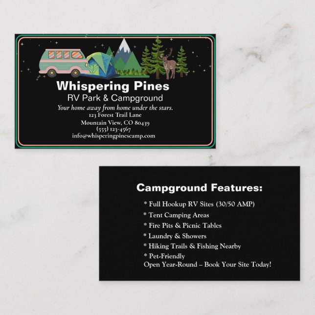Editable Glamping Resort Nature Contact Design Business Card (Front/Back)