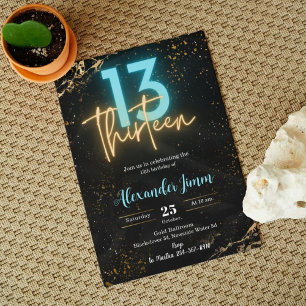 Editable Glitter Glow Blue Thirteen Birthday Party Invitation