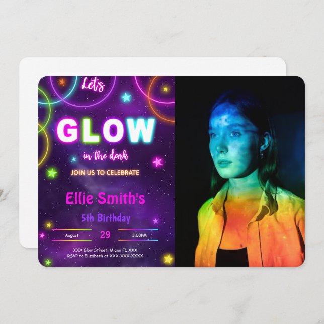 Editable Glow Birthday Photo Invitation (Front/Back)