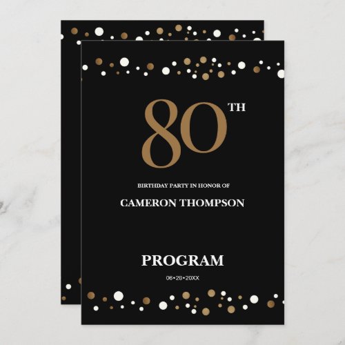 Editable Gold and Black confetti 80th birthday Program
