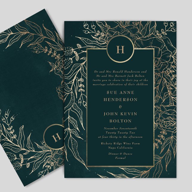 Editable Gold & Emerald Green Wreath Monogram Invitation (Creator Uploaded)