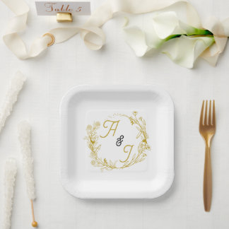 Editable Gold Floral Wedding Paper Plates