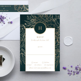 Editable Gold Foil & Emerald Green Wreath Monogram RSVP Card
