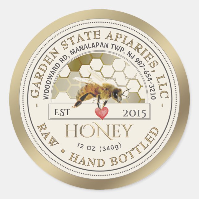 Editable Gold Honey Label Honeycomb Bee Heart (Front)