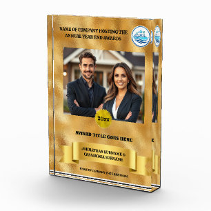 Editable gold year end photo banner logo company acrylic award