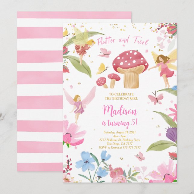 Editable Golden Fairy Birthday  Invitation (Front/Back)