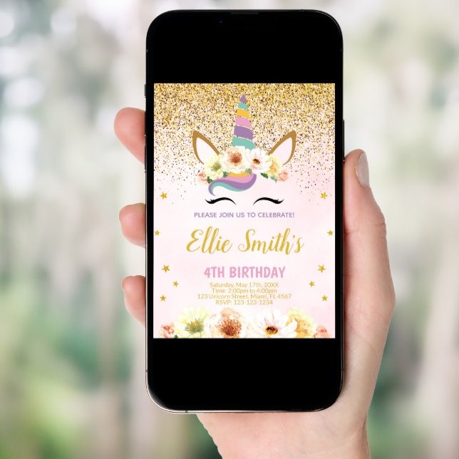 Editable Golden Glitter Unicorn Birthday Invitation (Front Digital)