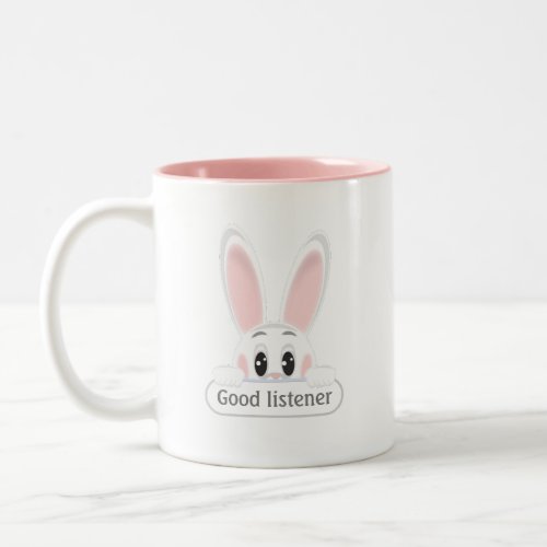 Editable Good Listener White Bunny  Monogram Two_Tone Coffee Mug