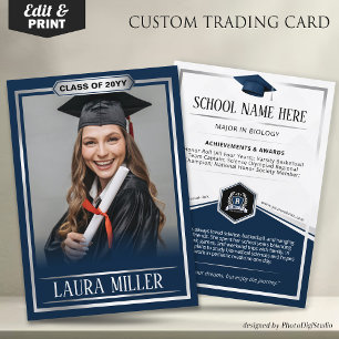Editable Graduate Trading Card Elegant Blue Silver