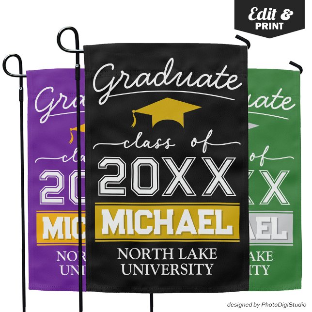 Editable Graduation Garden Flag Name & School Name (Editable Graduation Garden Flag Name & School Name Black and Gold House Flag for Graduation)