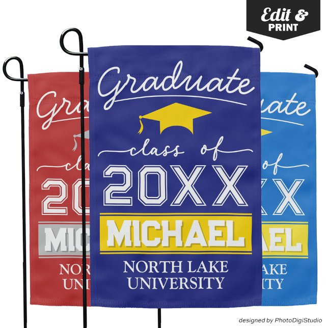 Editable Graduation Garden Flag Name & School Name (Editable Graduation Garden Flag Name & School Name Navy Blue and Gold House Flag for Graduation)