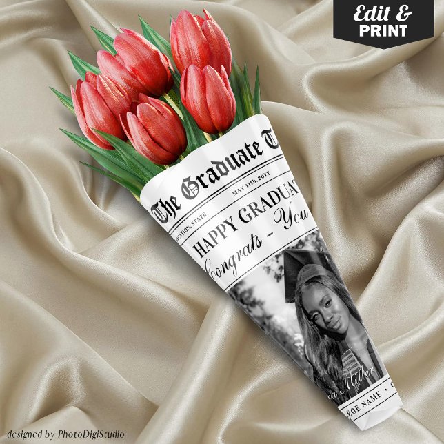 Editable Graduation Newspaper Flower Bouquet Wrapping Paper Sheets (Editable Graduation Newspaper Flower Bouquet Wrapping Paper Sheets)