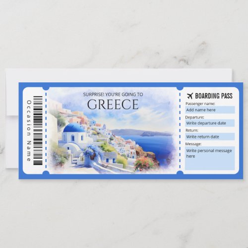 Editable Greece Boarding Pass Plane ticket Invitation