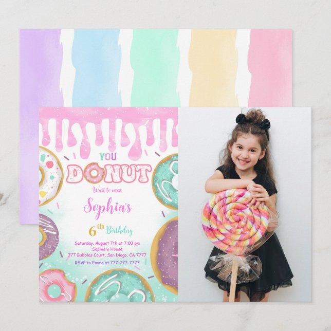 Editable Green Donut Birthday Party Photo Invitation (Front/Back)