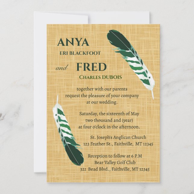 Editable Green Feather on Linen Wedding Invitation (Front)