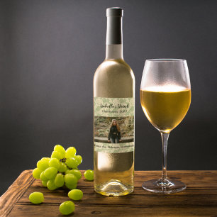 Editable Green Floral Spiral Photo Wine Label