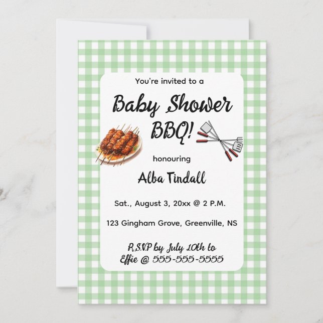 Editable Green Gingham BBQ Baby Shower Invitation (Front)