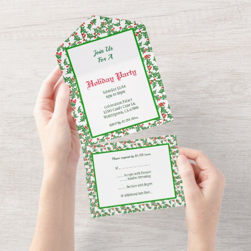 Editable Green Holly Red Berries All in One Invite