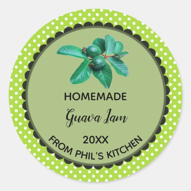 Editable Green Polka Dot Guava Label Stickers (Front)