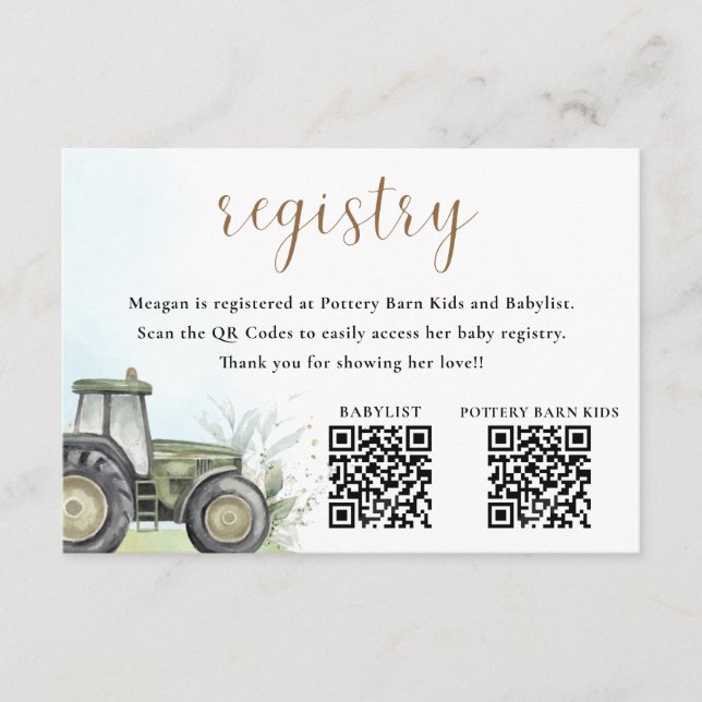 EDITABLE Green Tractor Baby Shower Registry  Enclosure Card (Front)