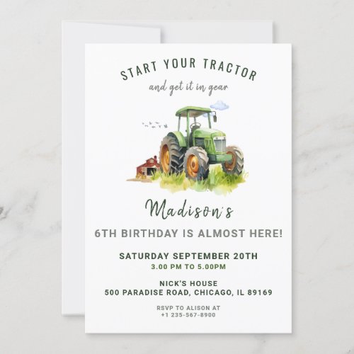 Editable Green Tractor Birthday Invitation