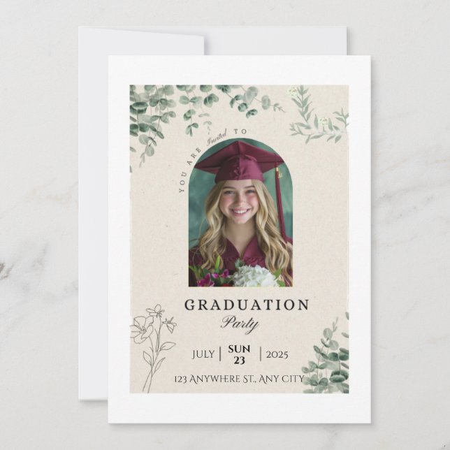 Editable Greenery Photo Graduate Invite Party Card (Front)