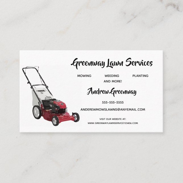 Editable Greenway Red Lawn Mower Business Card (Front)