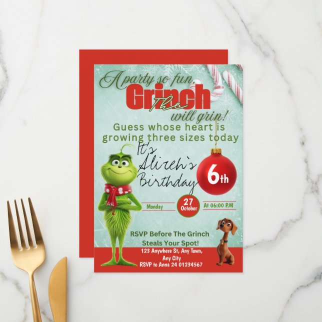 Editable Grinch Birthday Invitation (Front/Back In Situ)