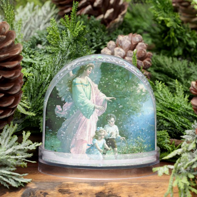 Editable Guardian Angel With Children Snow Globe (Winter)