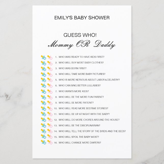 Editable Guess Who, Mom or Dad Baby Shower Game (Front)