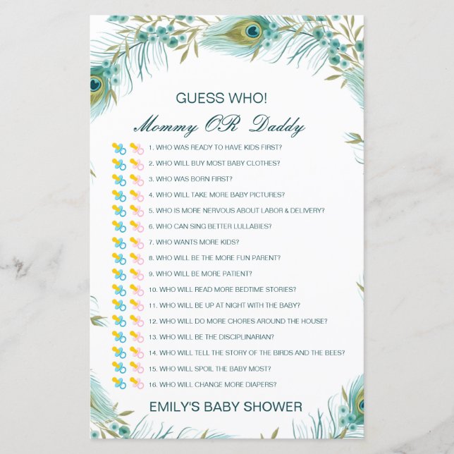 Editable Guess Who, Mom or Dad Baby Shower Game (Front)
