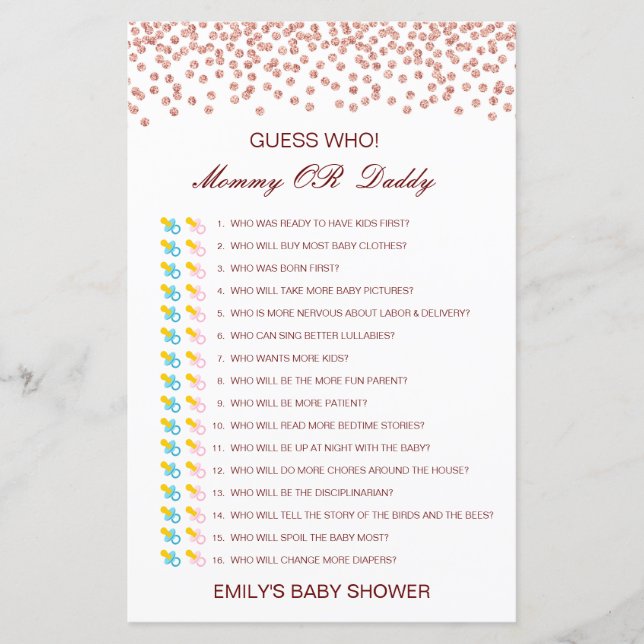 Editable Guess Who, Mom or Dad Baby Shower Game (Front)