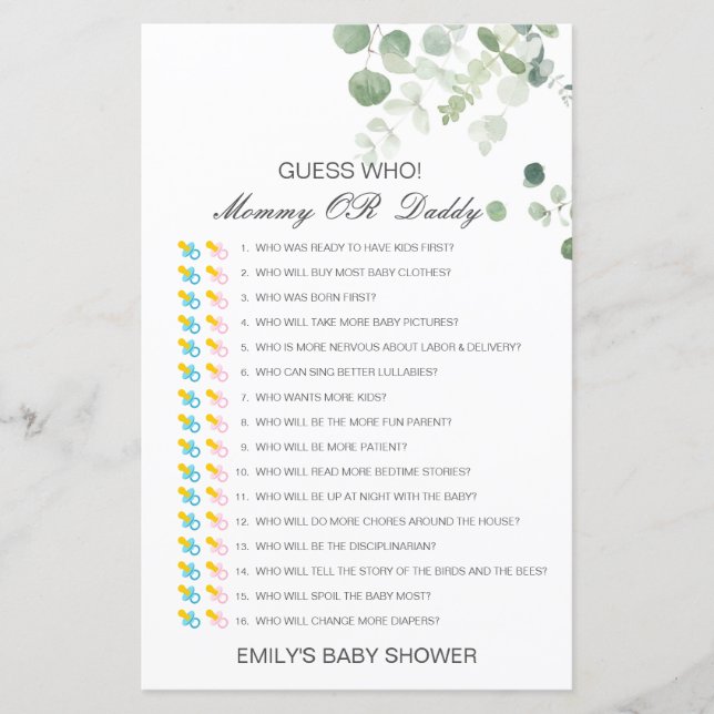 Editable Guess Who, Mom or Dad Baby Shower Game (Front)