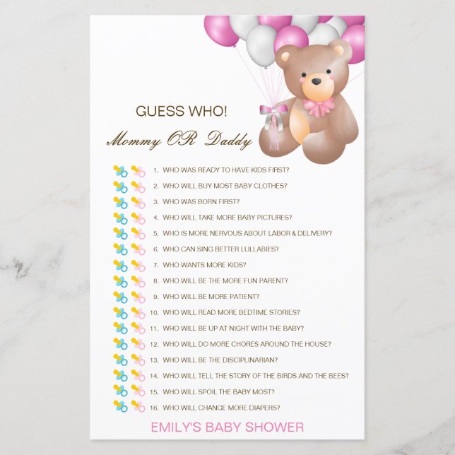 Editable Guess Who, Mom or Dad Baby Shower Game (Front)
