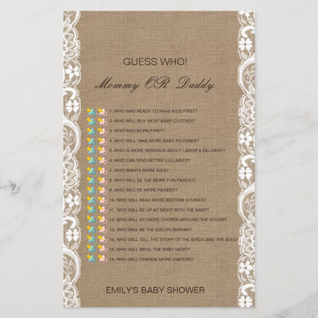 Editable Guess Who, Mom or Dad Baby Shower Game (Front)