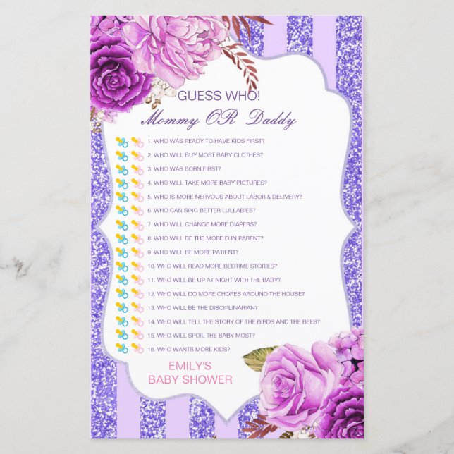 Editable Guess Who, Mom or Dad Baby Shower Game (Front)