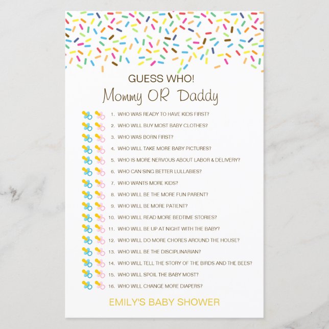 Editable Guess Who, Mom or Dad Baby Shower Game (Front)
