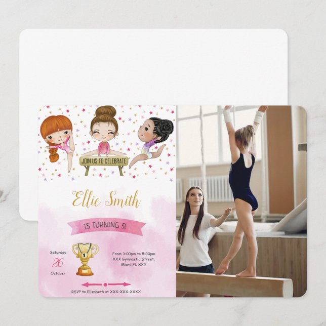 Editable Gymnastics Birthday Photo Invitation  (Front/Back)