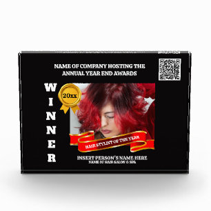 Editable Hair Stylist award photo red gold winner