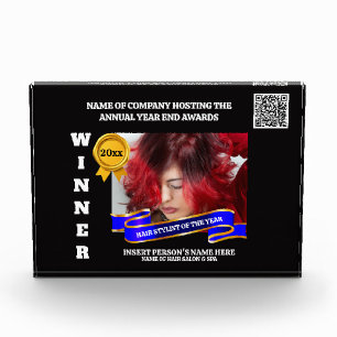 Editable Hair Stylist award photo red gold winner