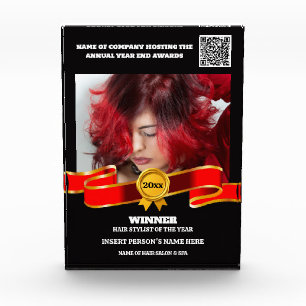 Editable Hair Stylist award photo red gold winner