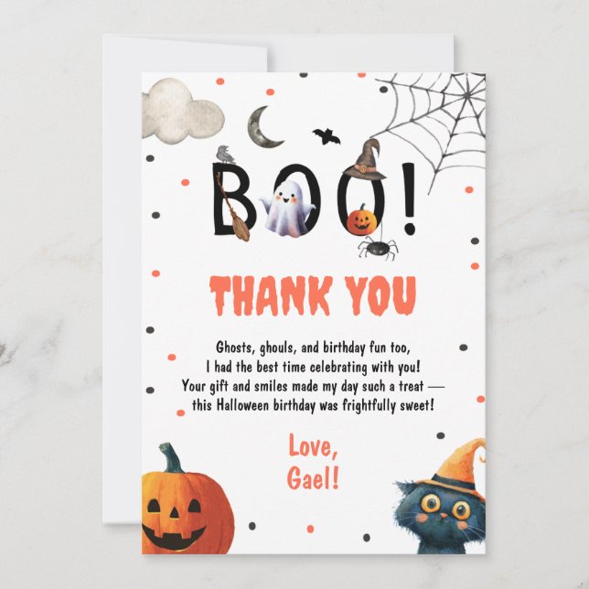 Editable Halloween Birthday Boy Party Thank Boo You Card (Front)