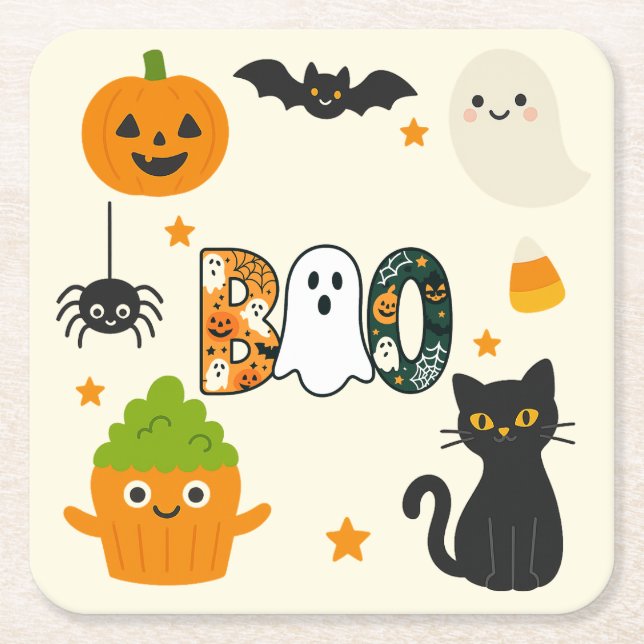 Editable Halloween – Little Monster Bash -  Square Paper Coaster (Front)