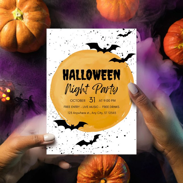 Editable Halloween Party invitation Black Bats  (black halloween bats night party invate orange creepy scary pumpkins)