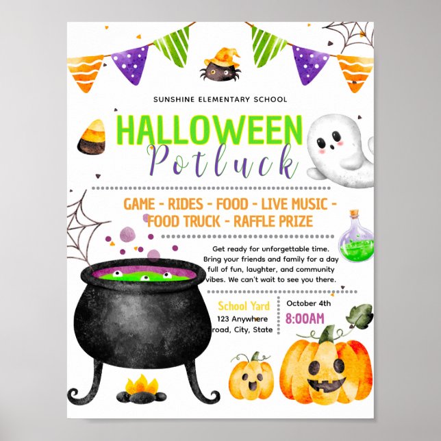 Editable halloween potluck fundraiser flyer poster (Front)