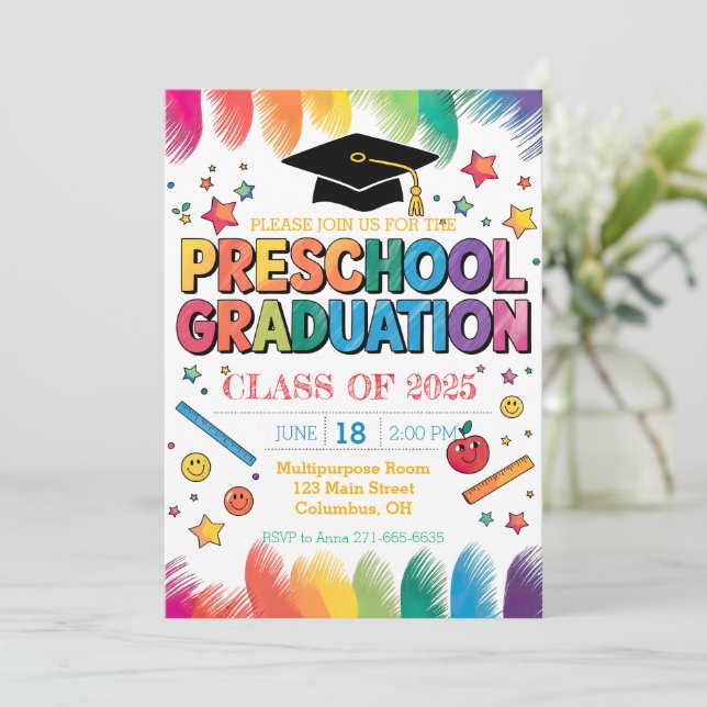Editable Hand-drawn Design Preschool Graduation Invitation (Standing Front)