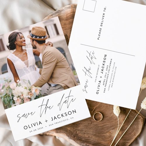 Editable Hand Lettered White Save the Date Photo Postcard