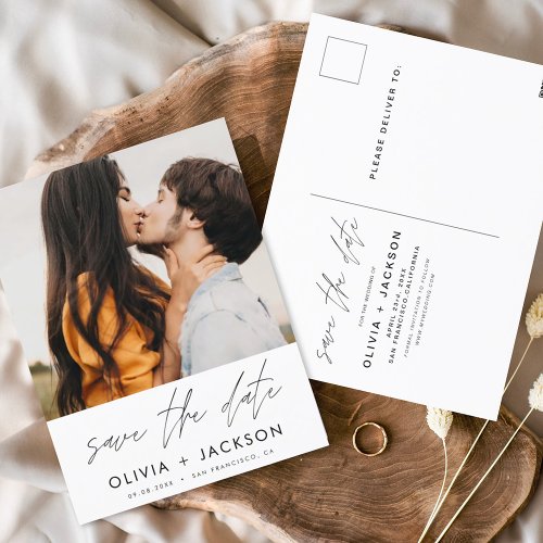 Editable Hand Lettered White Save the Date Photo Postcard