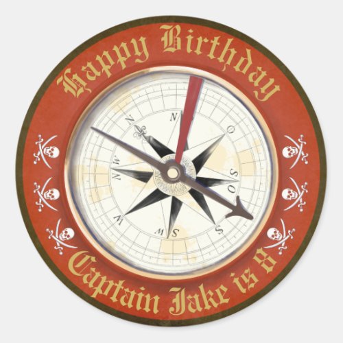 Editable Happy Birthday Compass Pirate Classic Round Sticker