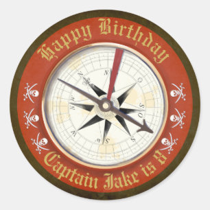 Editable Happy Birthday Compass Pirate Classic Round Sticker